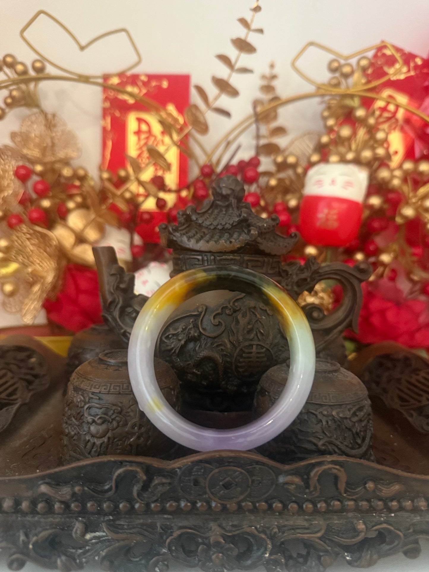 Vong Ngoc Phi Thuy Son Thuy Tu Hoang/Natural Jadeite Jade"Tree Blessing"bangle,purple,yellow&black