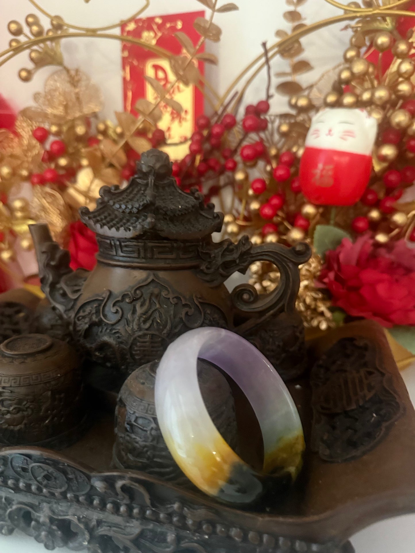 Vong Ngoc Phi Thuy Son Thuy Tu Hoang/Natural Jadeite Jade"Tree Blessing"bangle,purple,yellow&black