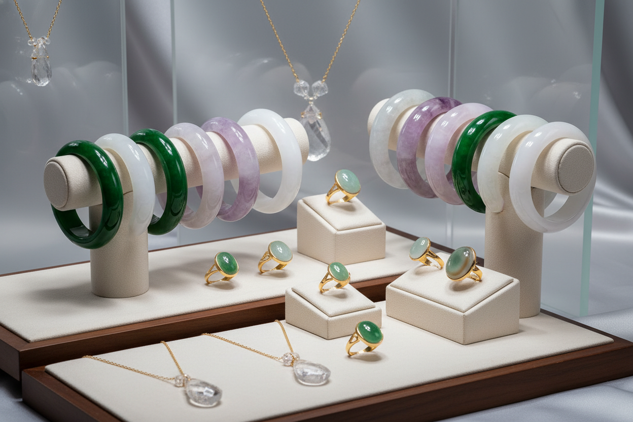 Fine jewelry using jade bangles of different colors, rings, pendants, also jewelry of quarts and agate